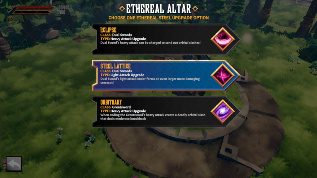 A beautiful forest landscape is overlaid with an "Ethereal Altar" menu that describes upgrade options for various sword types.