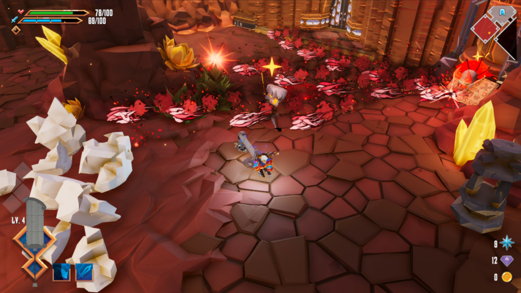 A white-haired boy in armor wielding a large sword that looks like a Roman column runs from the attack of a magical rock-based enemy that hovers on a spell book.