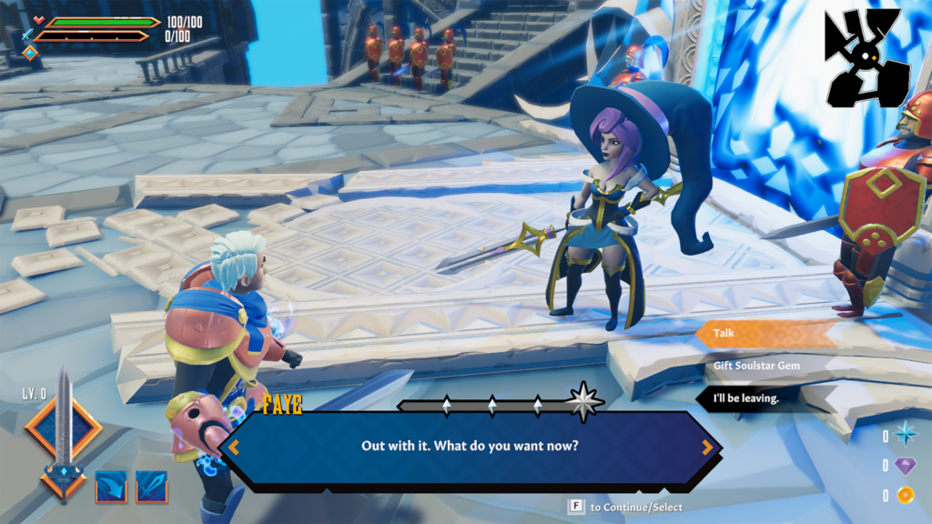 A white-haired boy in armor speaks with a beautiful woman with purple hair wearing a gold and blue dress and an oversized witch's hat in a town surrounded by guards.