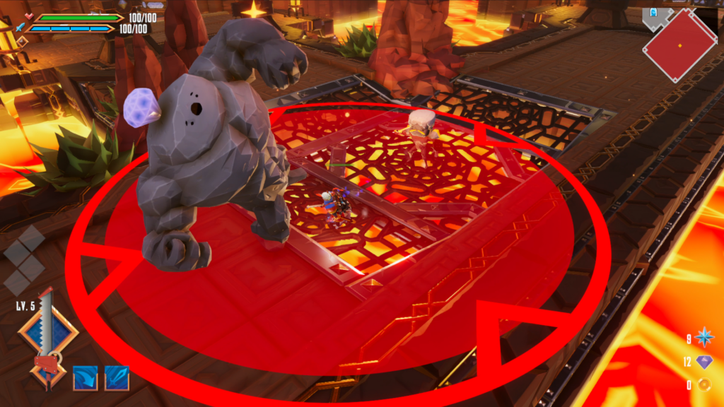 A large enemy made of rock with a blue gem in his head rears back to attack a white-haired boy in armor as a smaller enemy with a fancy mustache, also made of rock, lies in wait.
