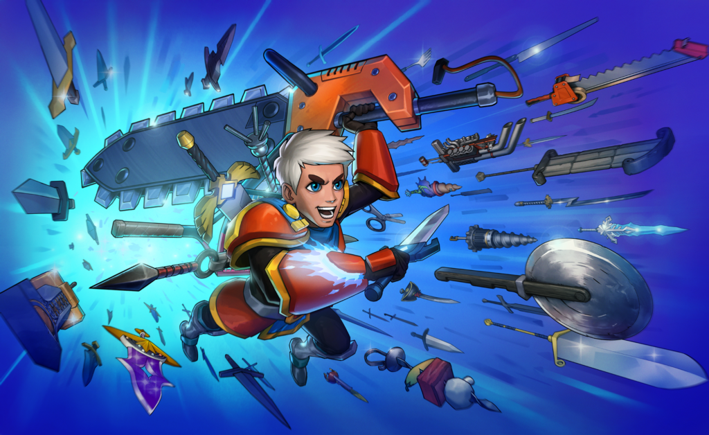 A white-haired boy in armor holding a large sword that resembles a chainsaw in his left hand and a smaller sword in the other, rushes forward along with numerous unique swords