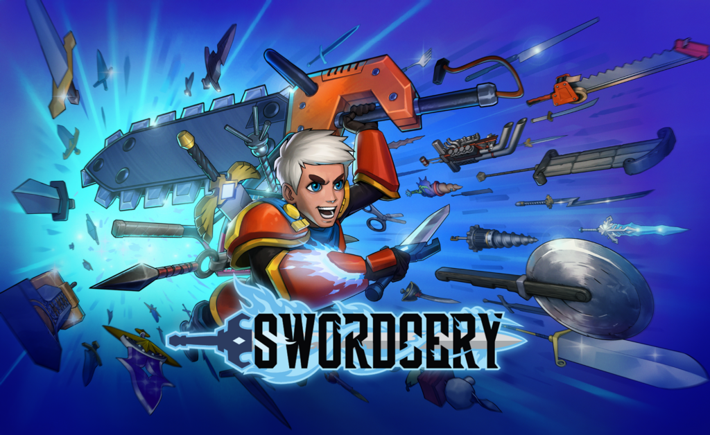 A white-haired boy in armor holding a large sword that resembles a chainsaw in his left hand and a smaller sword in the other, rushes forward along with numerous unique swords. The Swordcery logo overlays the image.