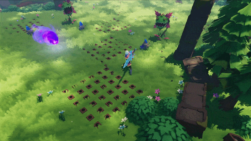 A white-haired boy in armor wields a large, icy sword against plant and rock-based enemies in a forest filled with green grass, colorful flowers, and spike traps that occasionally protrude from the ground.